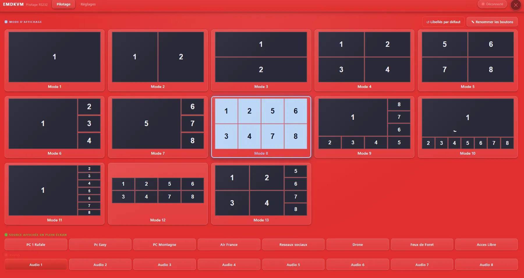Los trece modos de visualización de la Multiprise HDMI, elegidos con un dedo en la pantalla táctil