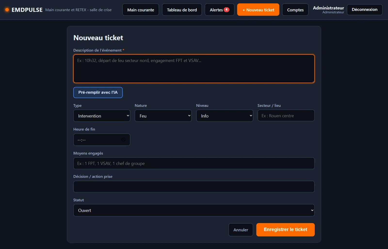 Déclaration rapide d'un événement dans EMD Pulse
