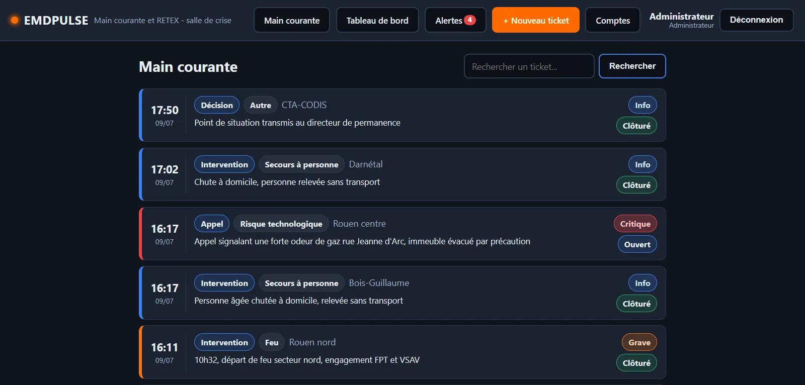 Main courante des événements dans EMD Pulse