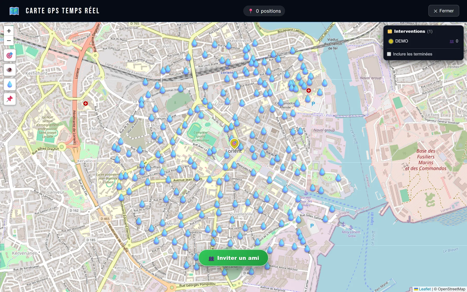 Points d'eau incendie affichés sur la carte GPS temps réel de QuickShare