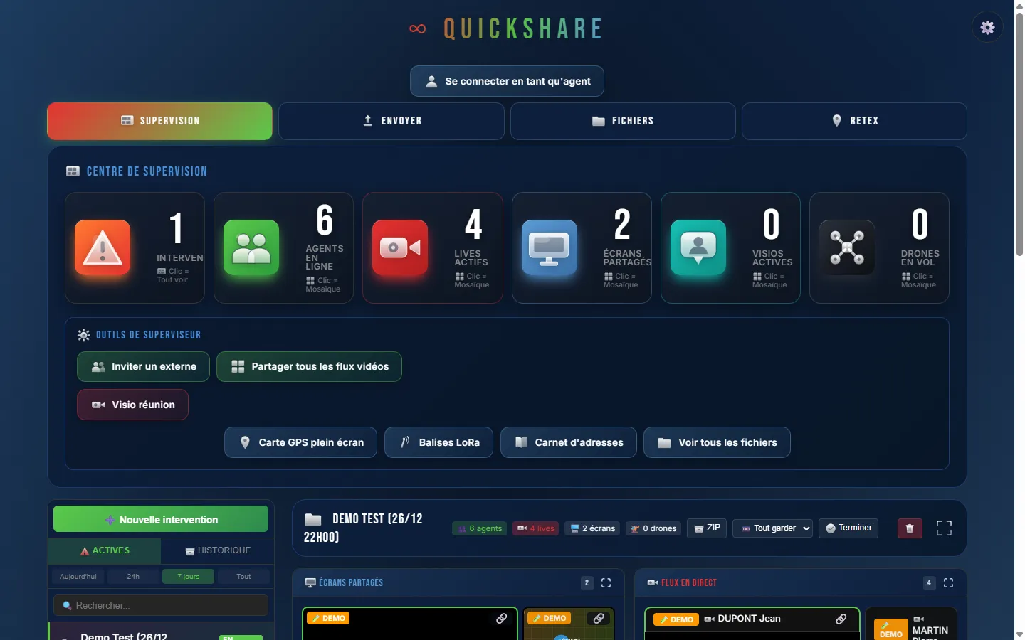 Console de supervision QuickShare : interventions en cours, agents en ligne, flux vidéo et écrans partagés