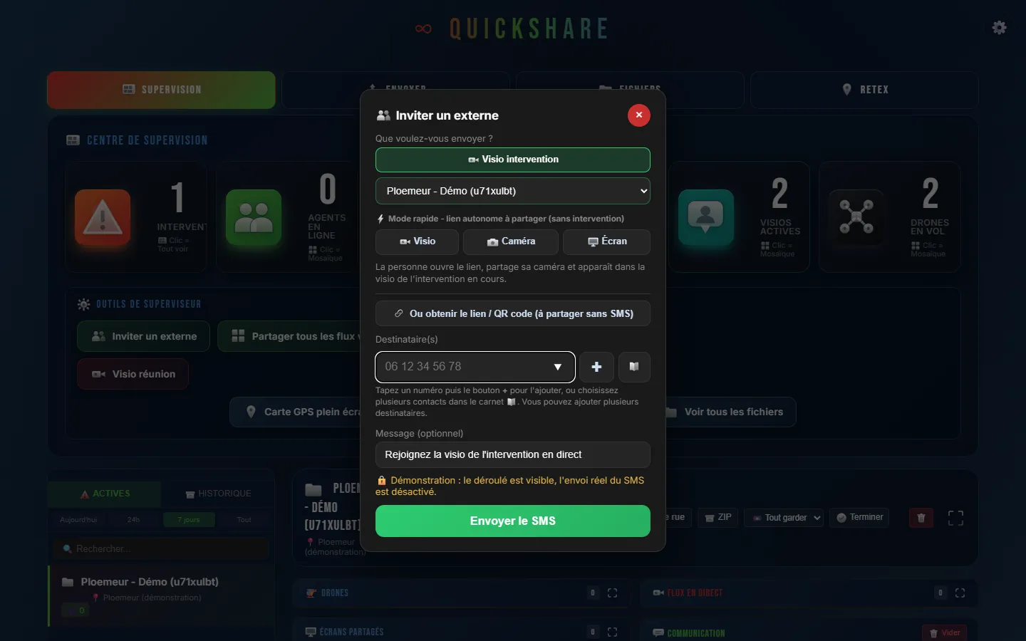 Invitation d'un intervenant externe à la visio QuickShare par SMS ou par QR code