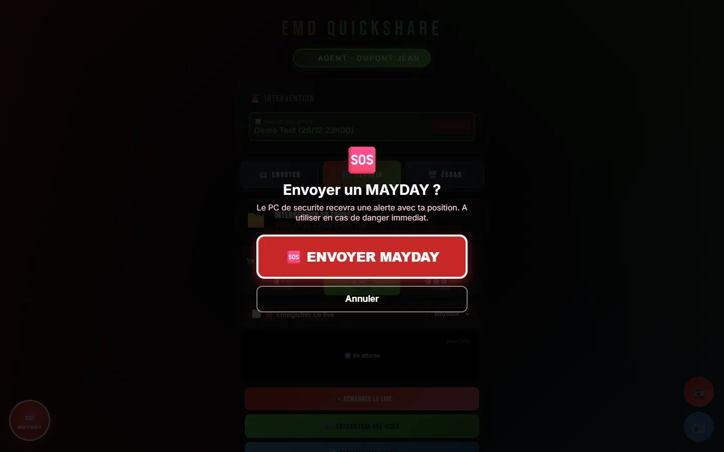 Confirmation d'envoi d'une alerte MAYDAY depuis le téléphone d'un agent QuickShare