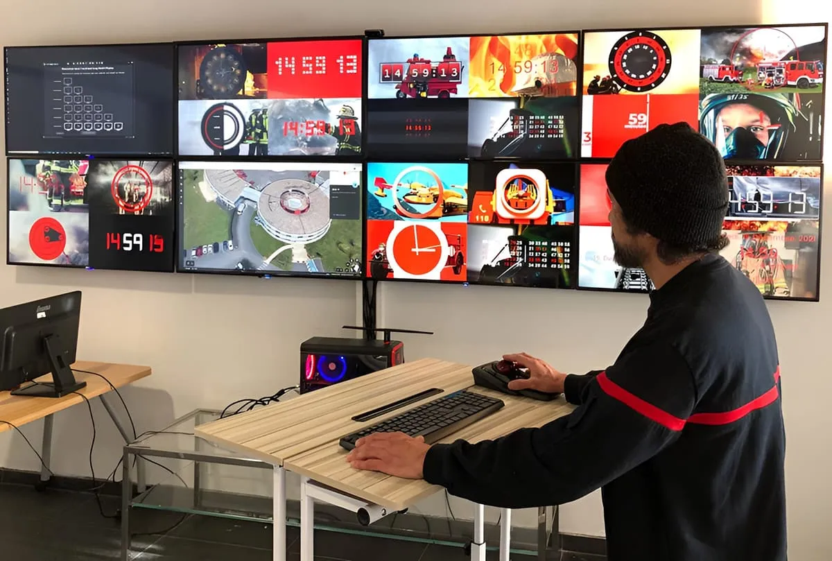 Opérateur devant un mur d'écrans dans le showroom Easy Multi Display