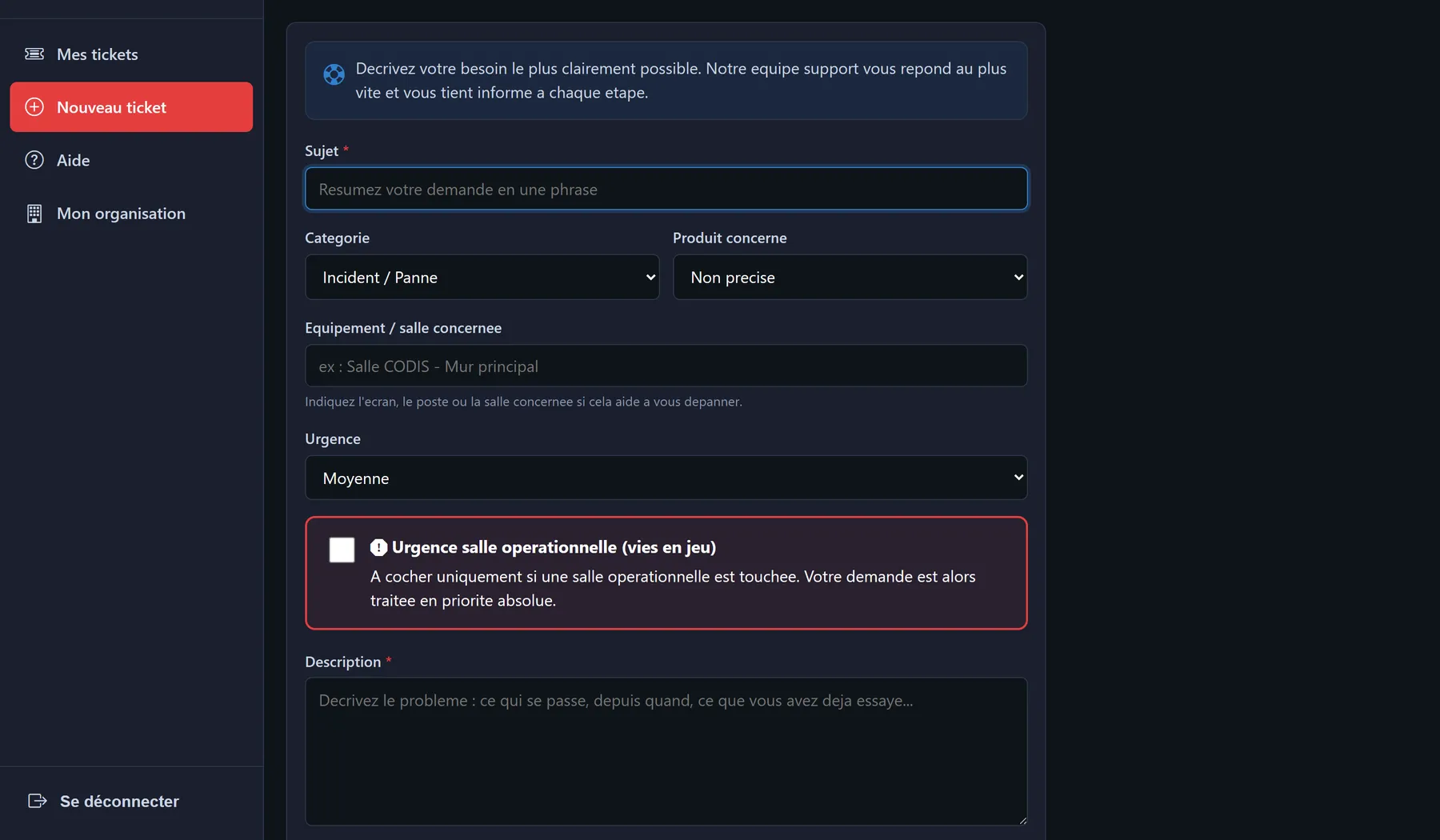 Formulaire d'ouverture d'une demande de support EMD : sujet, catégorie, produit, salle concernée et niveau d'urgence
