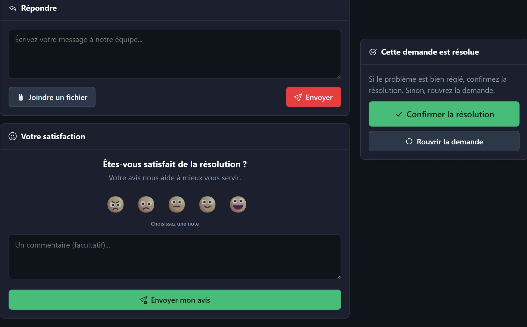 Confirmation de la résolution d'une demande de support EMD et formulaire d'avis de satisfaction