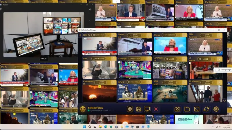 CollectivView en fonctionnement réel : chaînes TV en streaming et sources multiples centralisées dans une seule interface