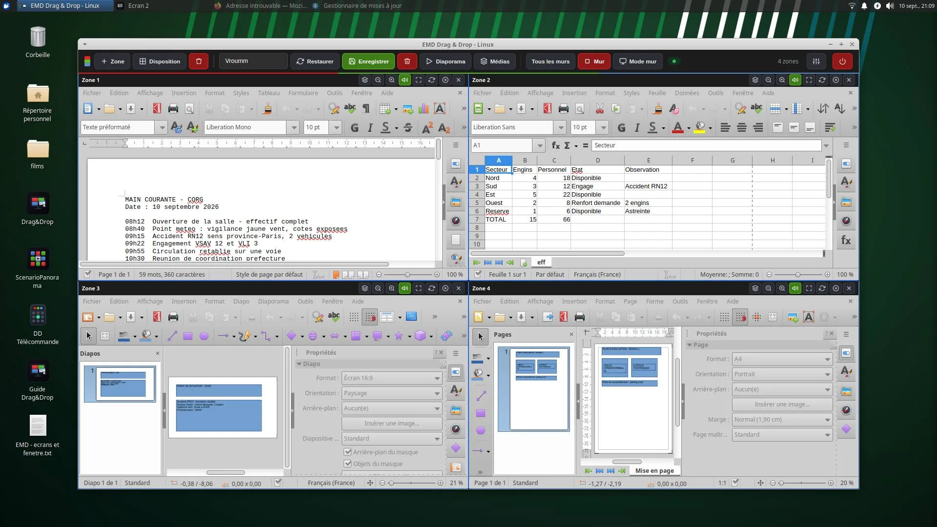 Stanowisko sterowania Easy Multi Display pod Linuxem: cztery strefy otwarte w LibreOffice, dziennik zdarzeń CORG, stan patroli, meldunek sytuacyjny i plan ewakuacji