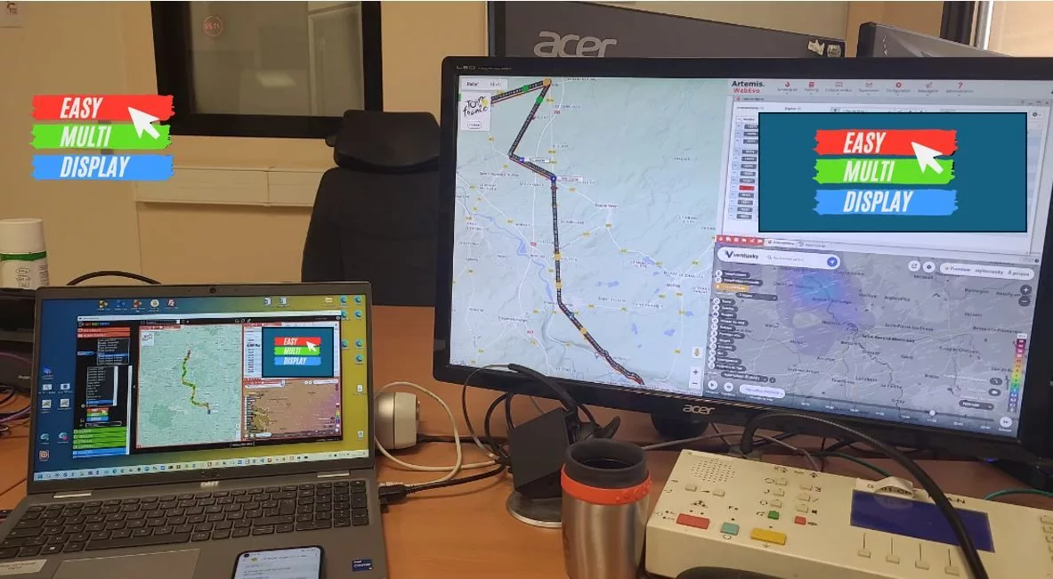 Mosaïque portable EMD déployée par un centre de secours sapeurs-pompiers pour suivre le Tour de France sur un mur d'images