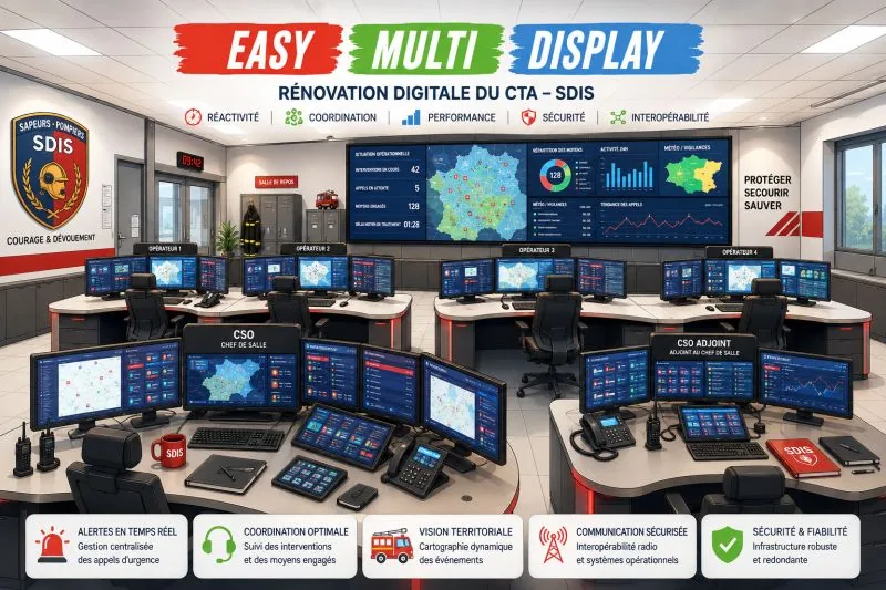 Salle CTA d'un SDIS rénovée avec les murs d'images pilotés par Easy Multi Display