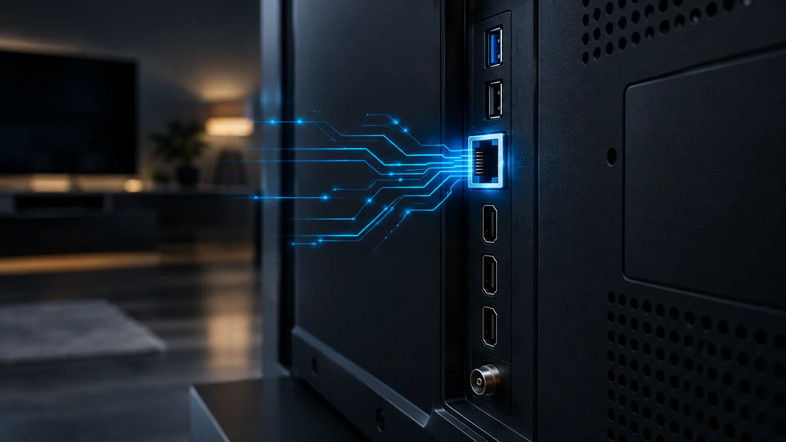 Tył telewizora podłączonego do sieci: świetliste strumienie danych wypływają z gniazda sieciowego, obok wejść HDMI